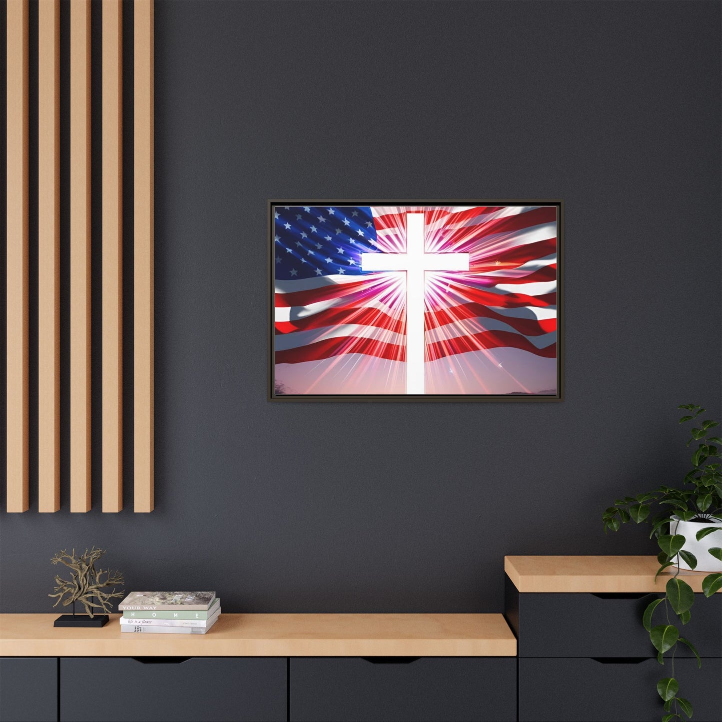 Patriotic Christian Canvas Art - Framed Multi-Color Cross with American Flag