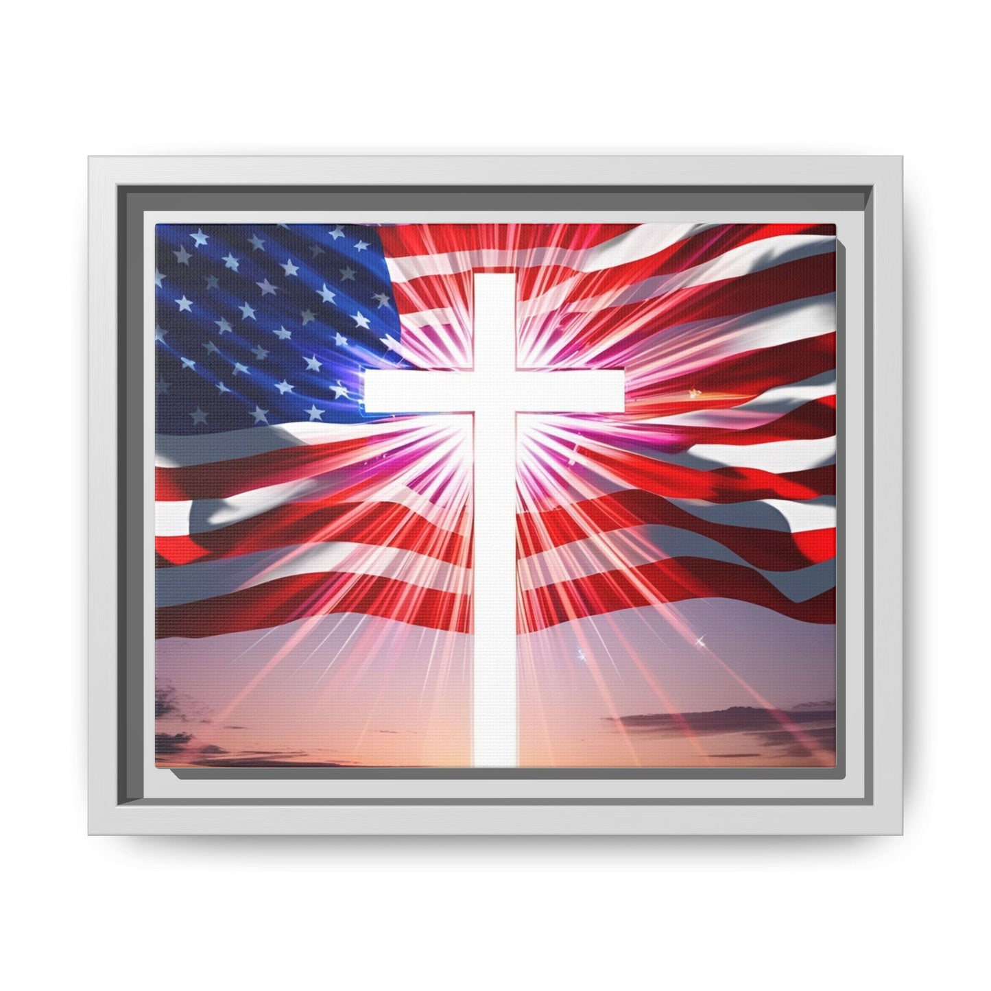 Patriotic Christian Canvas Art - Framed Multi-Color Cross with American Flag