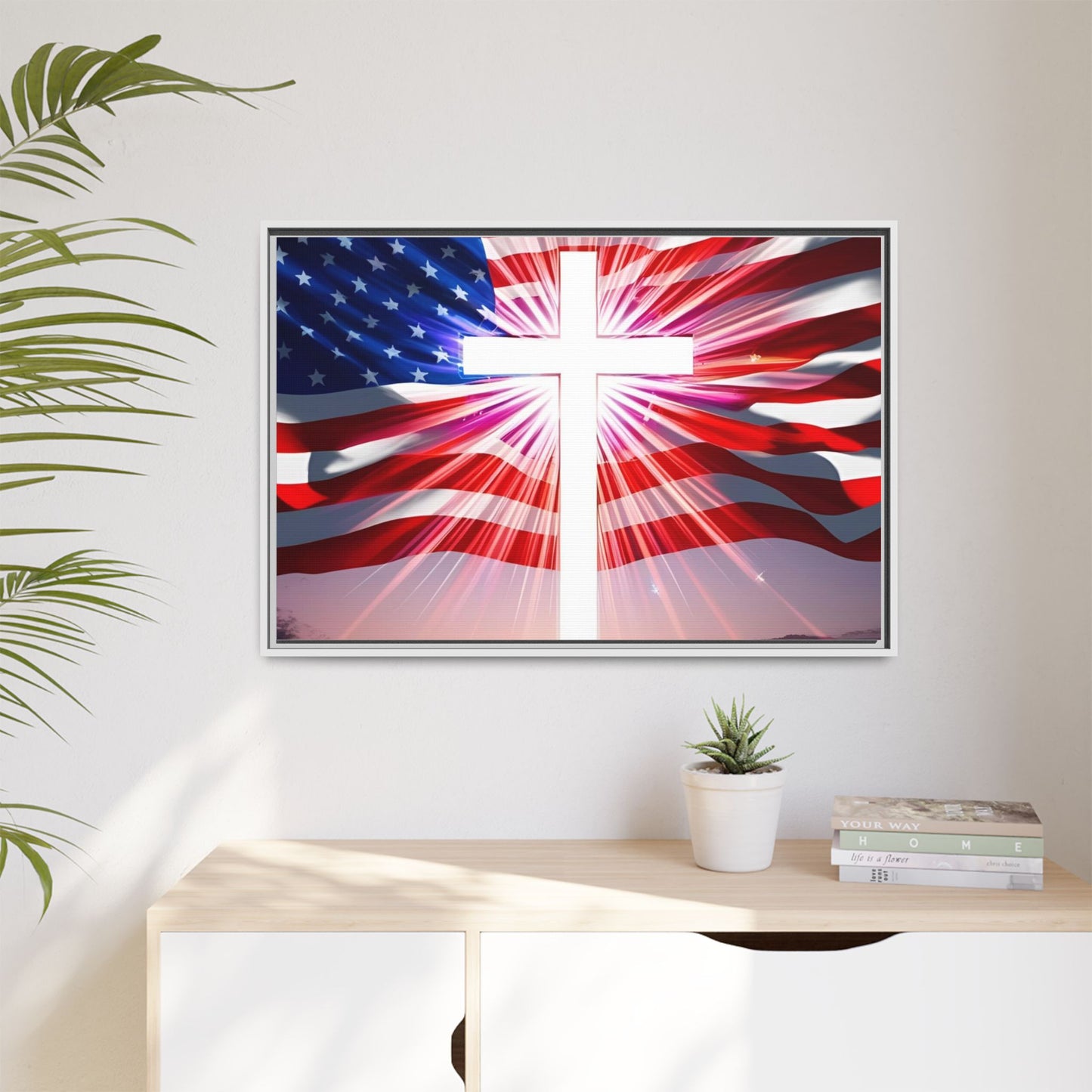 Patriotic Christian Canvas Art - Framed Multi-Color Cross with American Flag