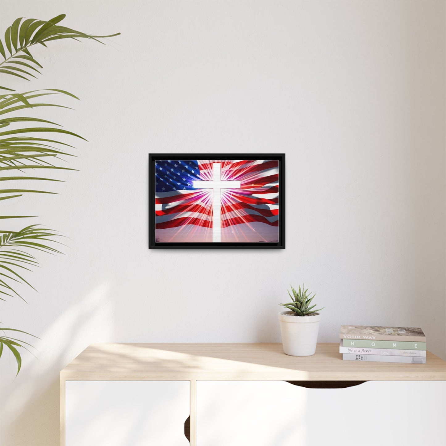 Patriotic Christian Canvas Art - Framed Multi-Color Cross with American Flag