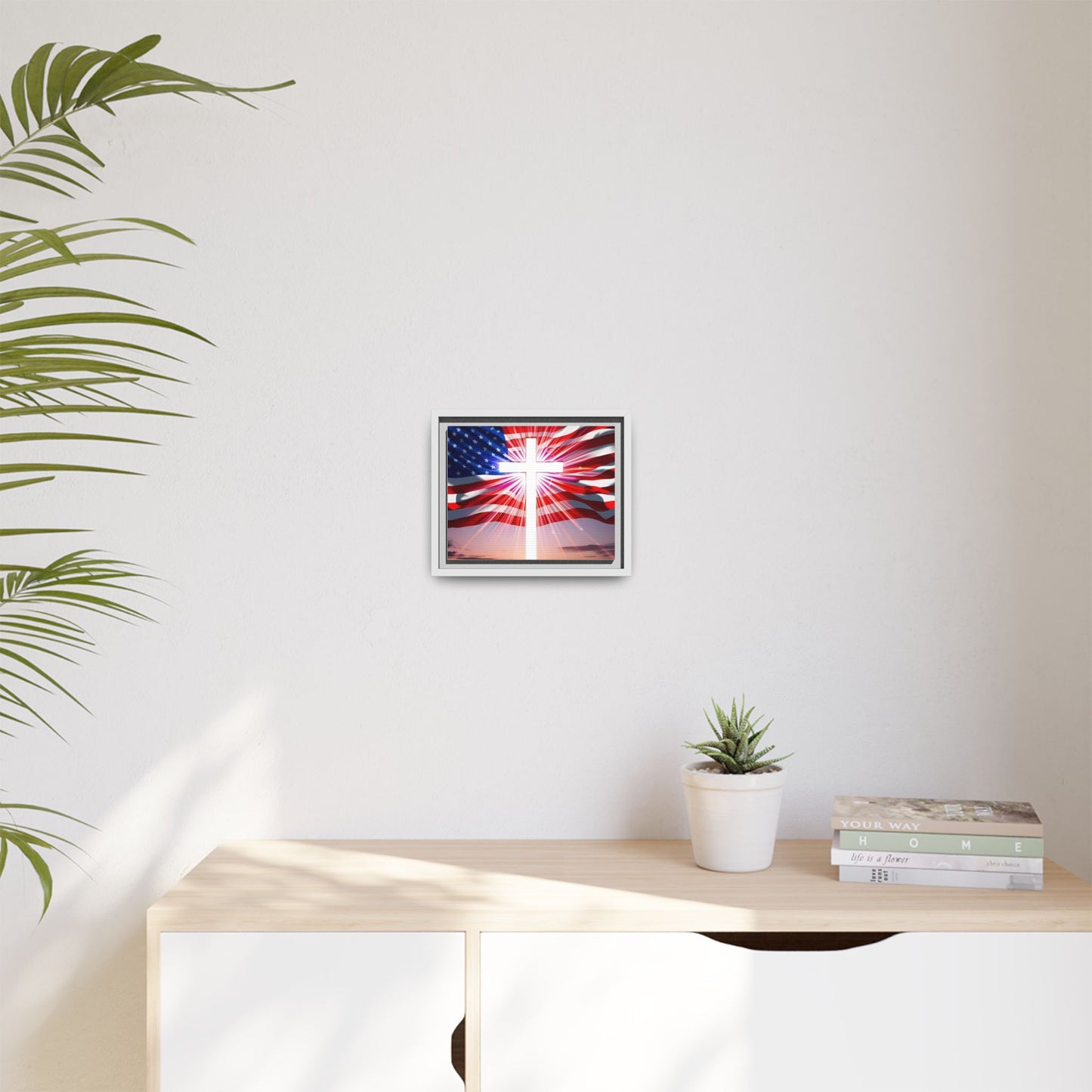 Patriotic Christian Canvas Art - Framed Multi-Color Cross with American Flag