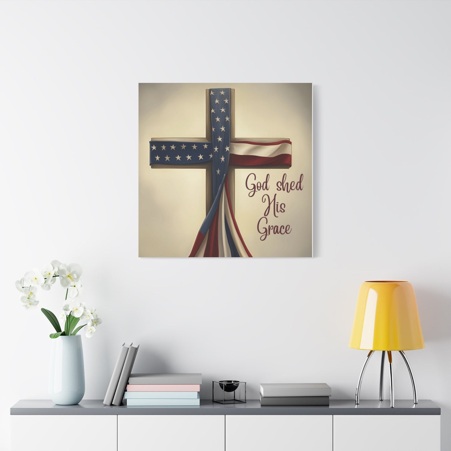 Faith-Inspired Wall Art, Religious Home Decor, Christian Gift, Inspirational Canvas Print, Patriotic Decor, God Shed His Grace