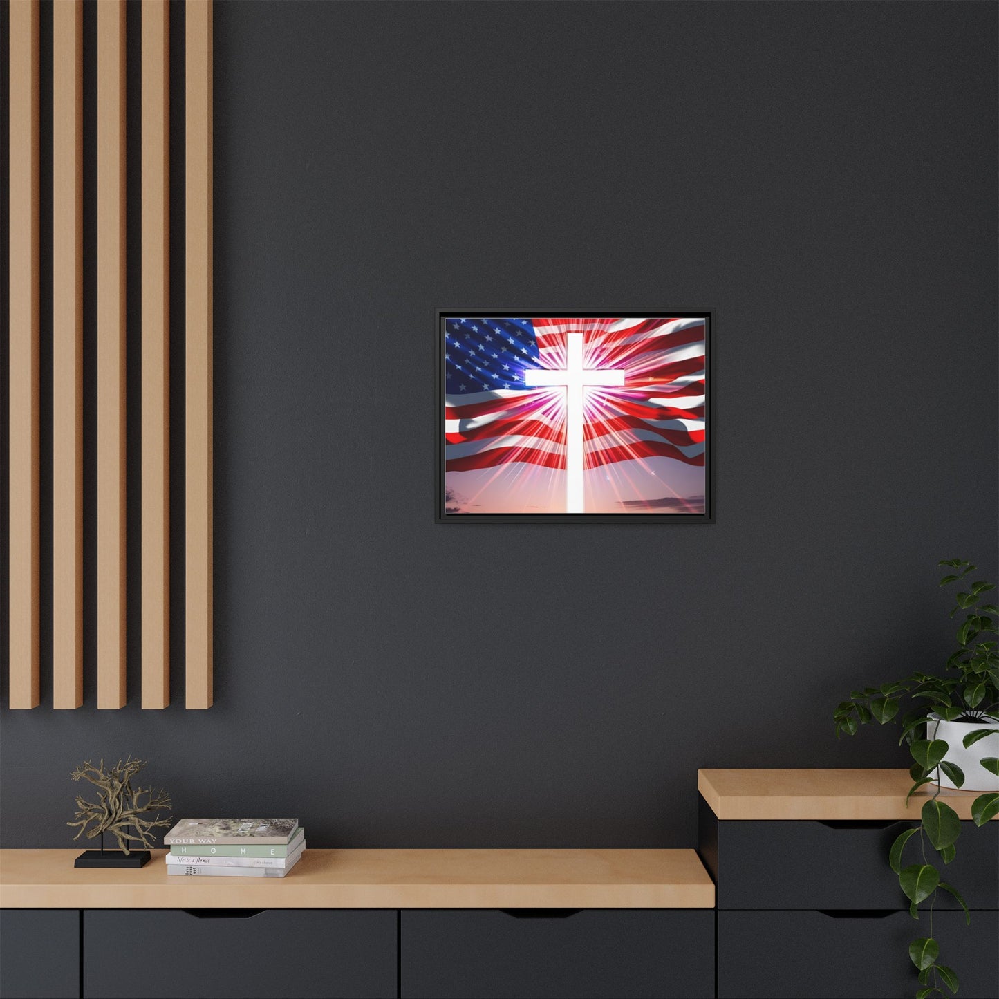 Patriotic Christian Canvas Art - Framed Multi-Color Cross with American Flag