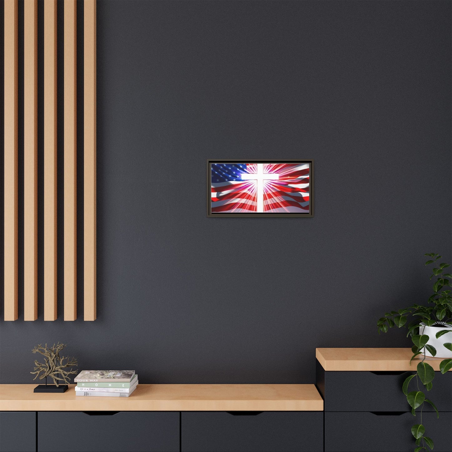 Patriotic Christian Canvas Art - Framed Multi-Color Cross with American Flag