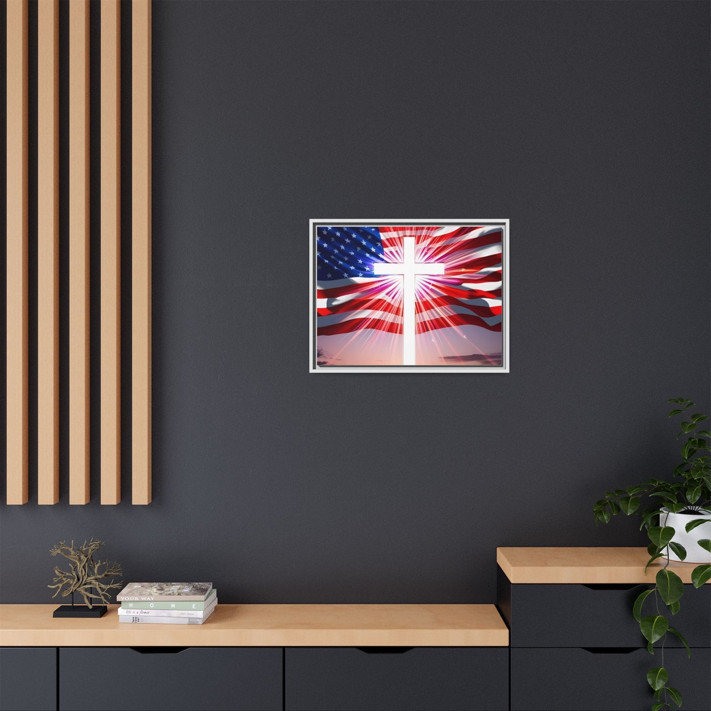 Patriotic Christian Canvas Art - Framed Multi-Color Cross with American Flag