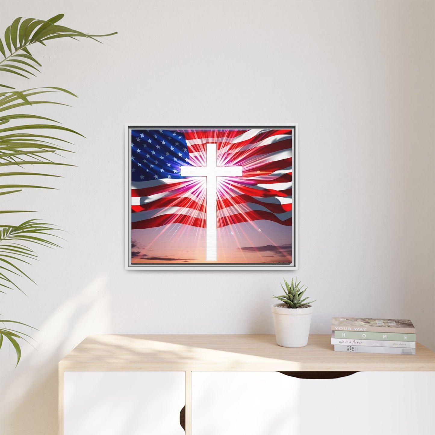 Patriotic Christian Canvas Art - Framed Multi-Color Cross with American Flag