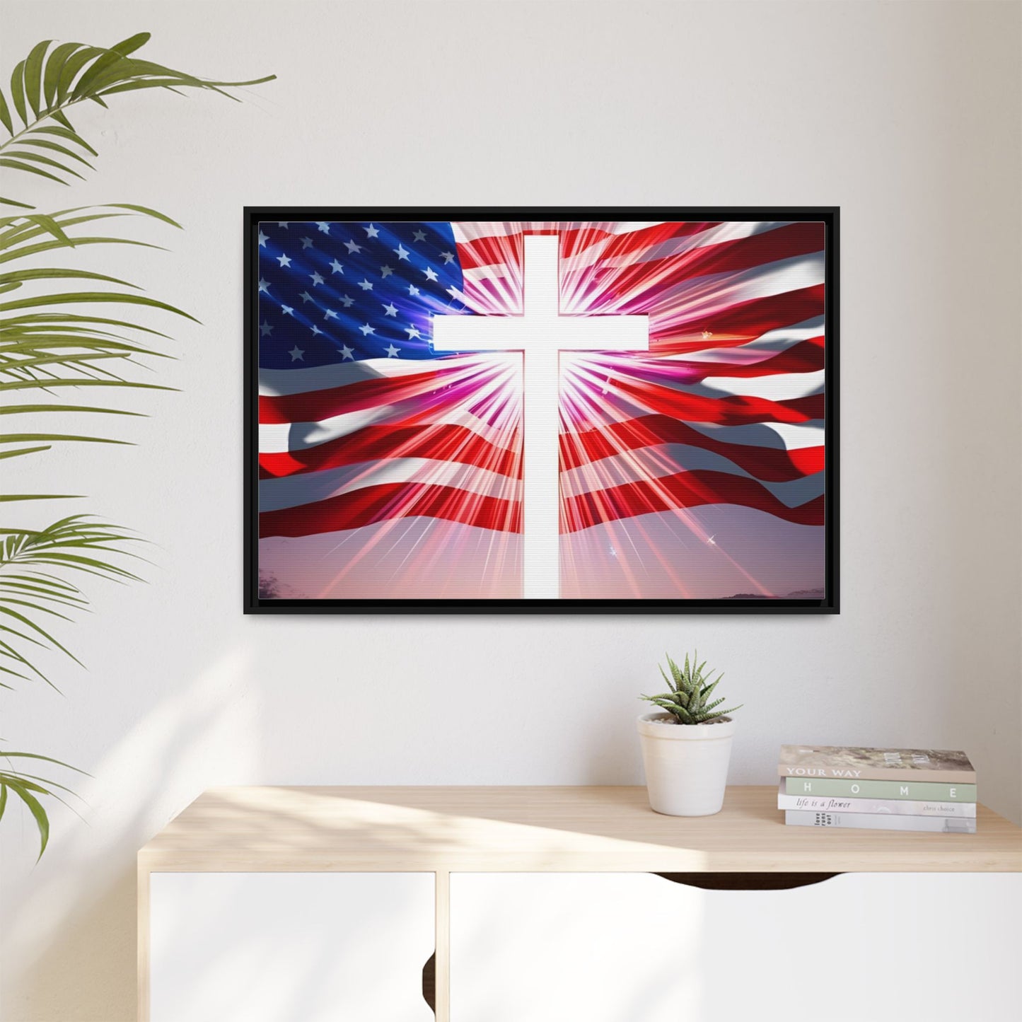 Patriotic Christian Canvas Art - Framed Multi-Color Cross with American Flag