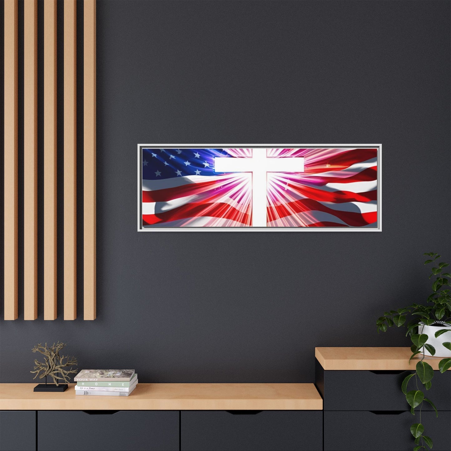 Patriotic Christian Canvas Art - Framed Multi-Color Cross with American Flag