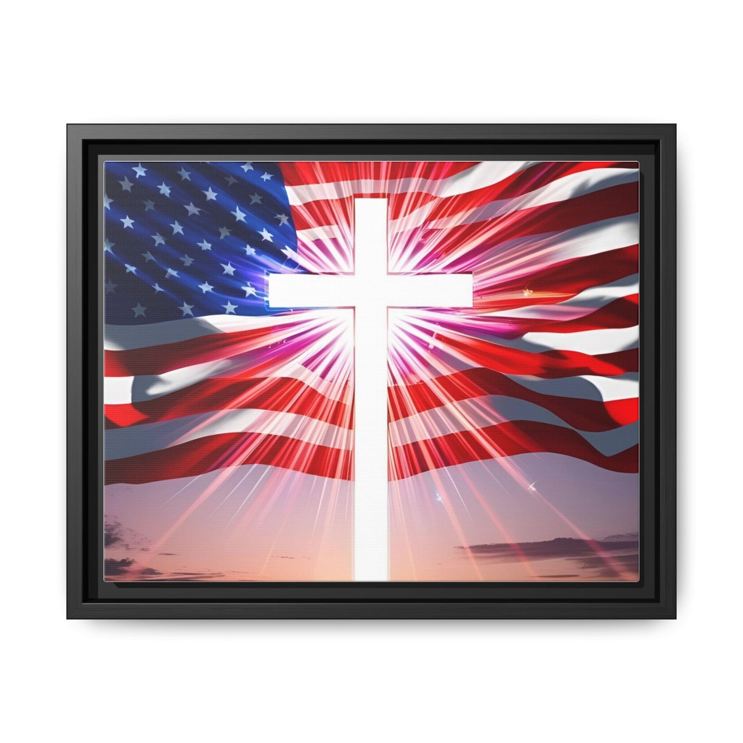 Patriotic Christian Canvas Art - Framed Multi-Color Cross with American Flag