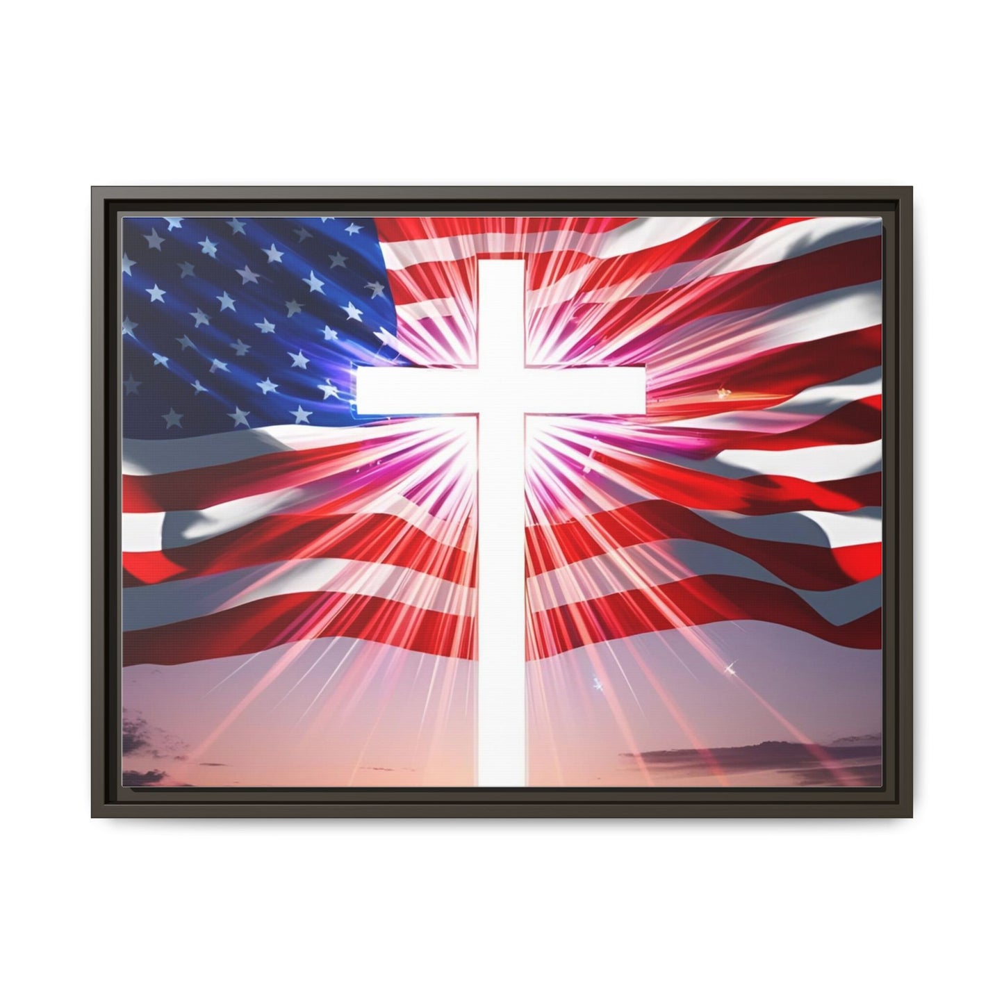 Patriotic Christian Canvas Art - Framed Multi-Color Cross with American Flag