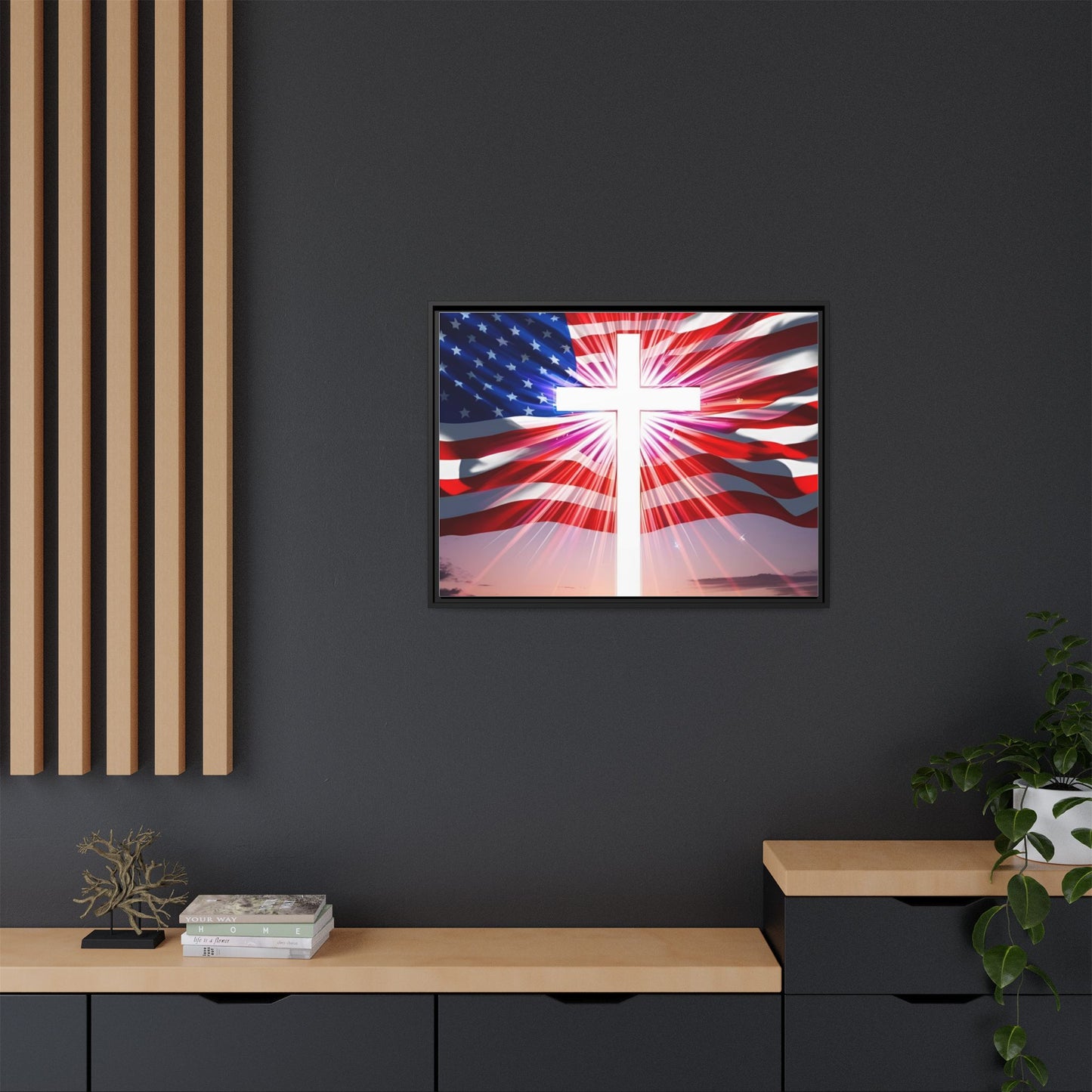 Patriotic Christian Canvas Art - Framed Multi-Color Cross with American Flag