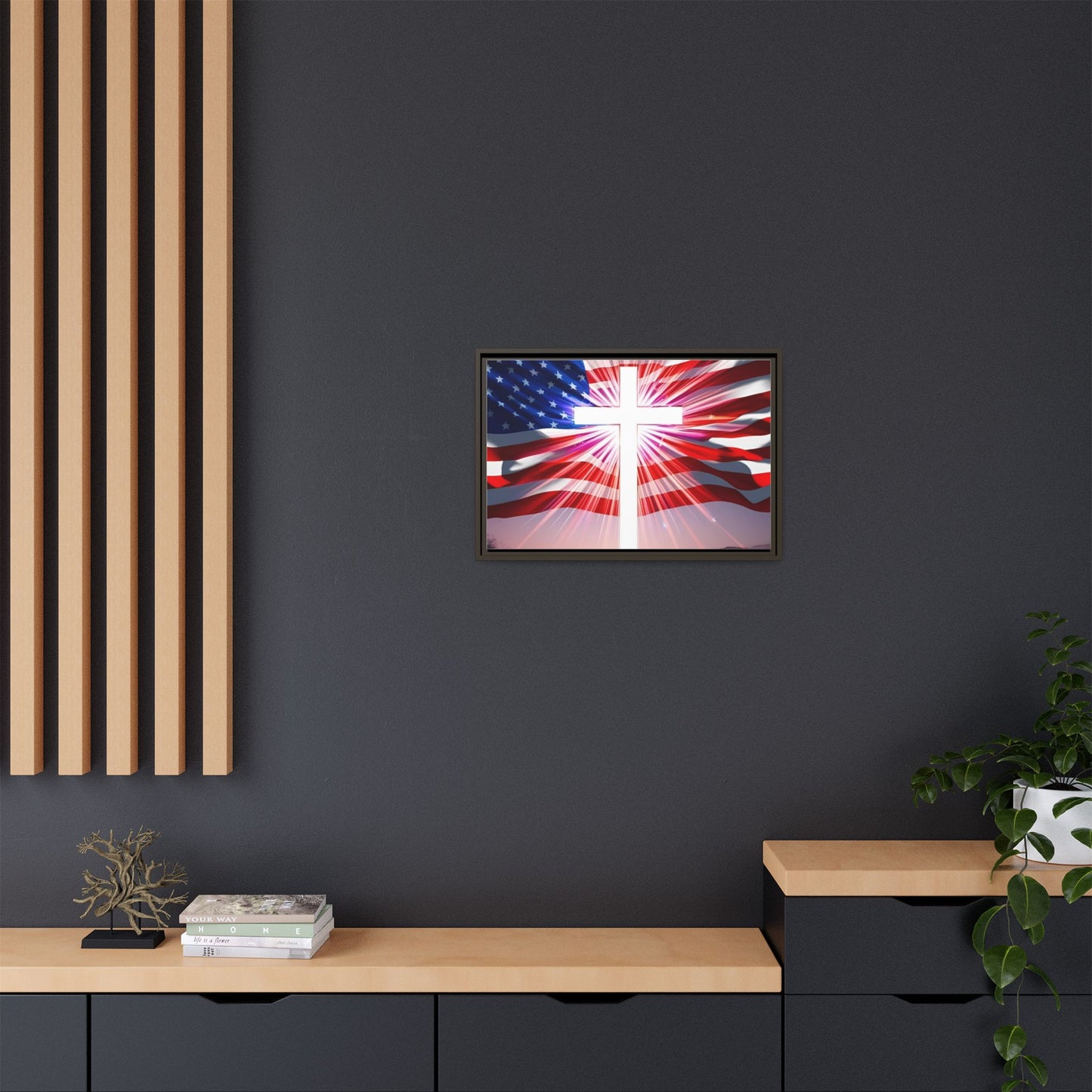 Patriotic Christian Canvas Art - Framed Multi-Color Cross with American Flag