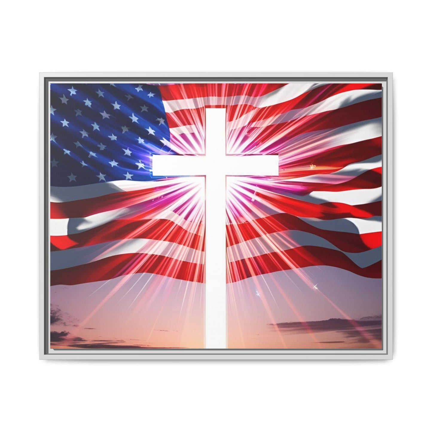Patriotic Christian Canvas Art - Framed Multi-Color Cross with American Flag