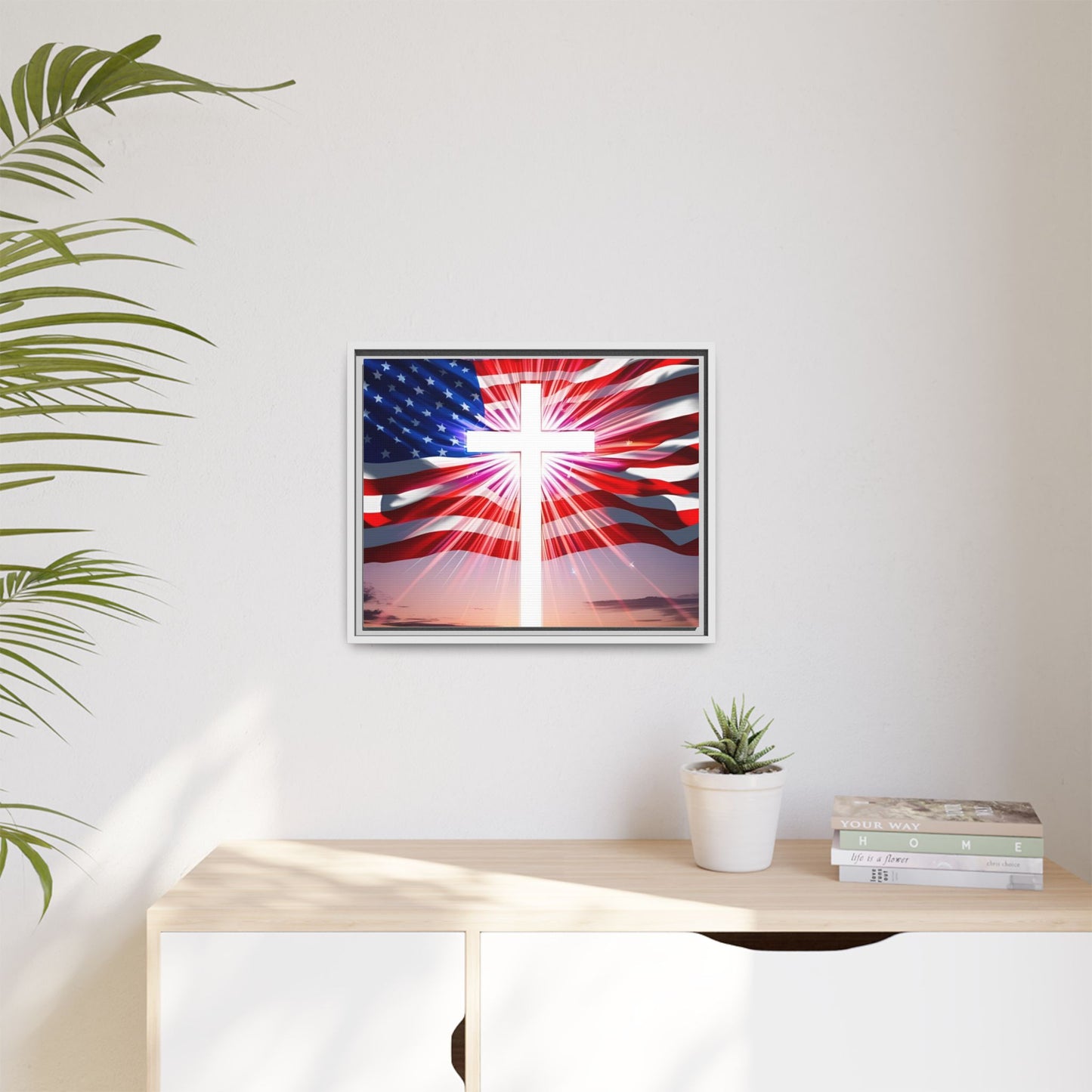 Patriotic Christian Canvas Art - Framed Multi-Color Cross with American Flag