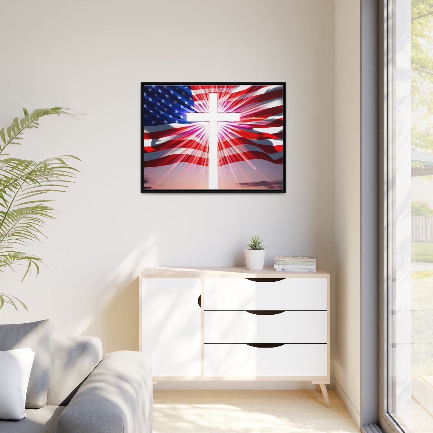 Patriotic Christian Canvas Art - Framed Multi-Color Cross with American Flag