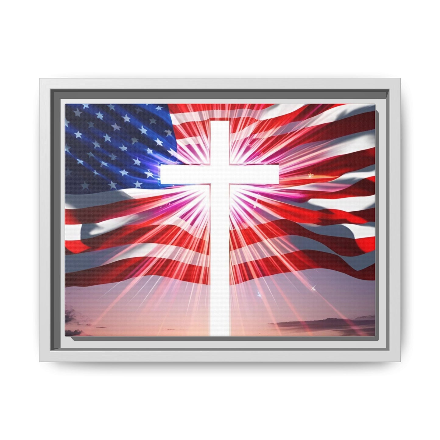Patriotic Christian Canvas Art - Framed Multi-Color Cross with American Flag