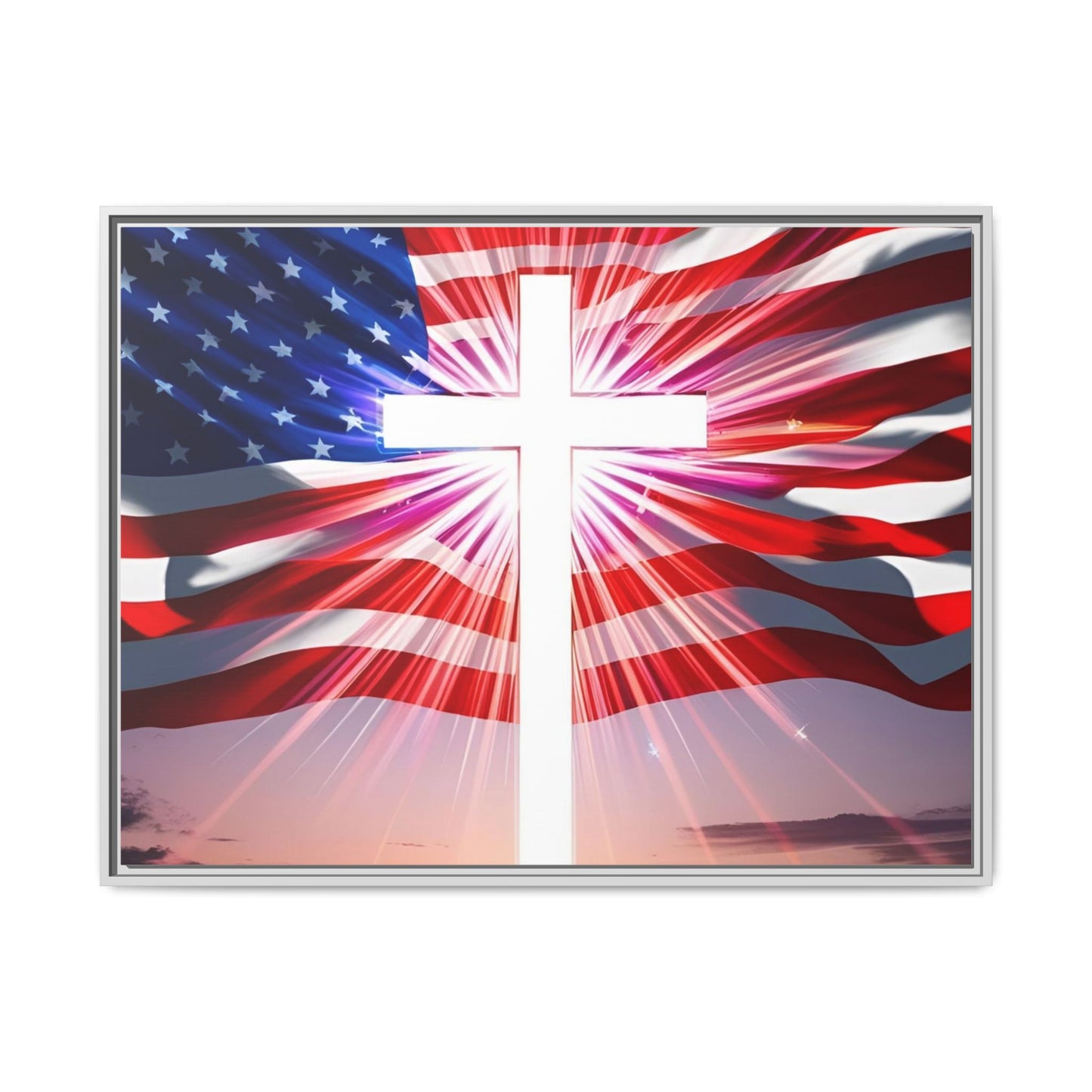 Patriotic Christian Canvas Art - Framed Multi-Color Cross with American Flag