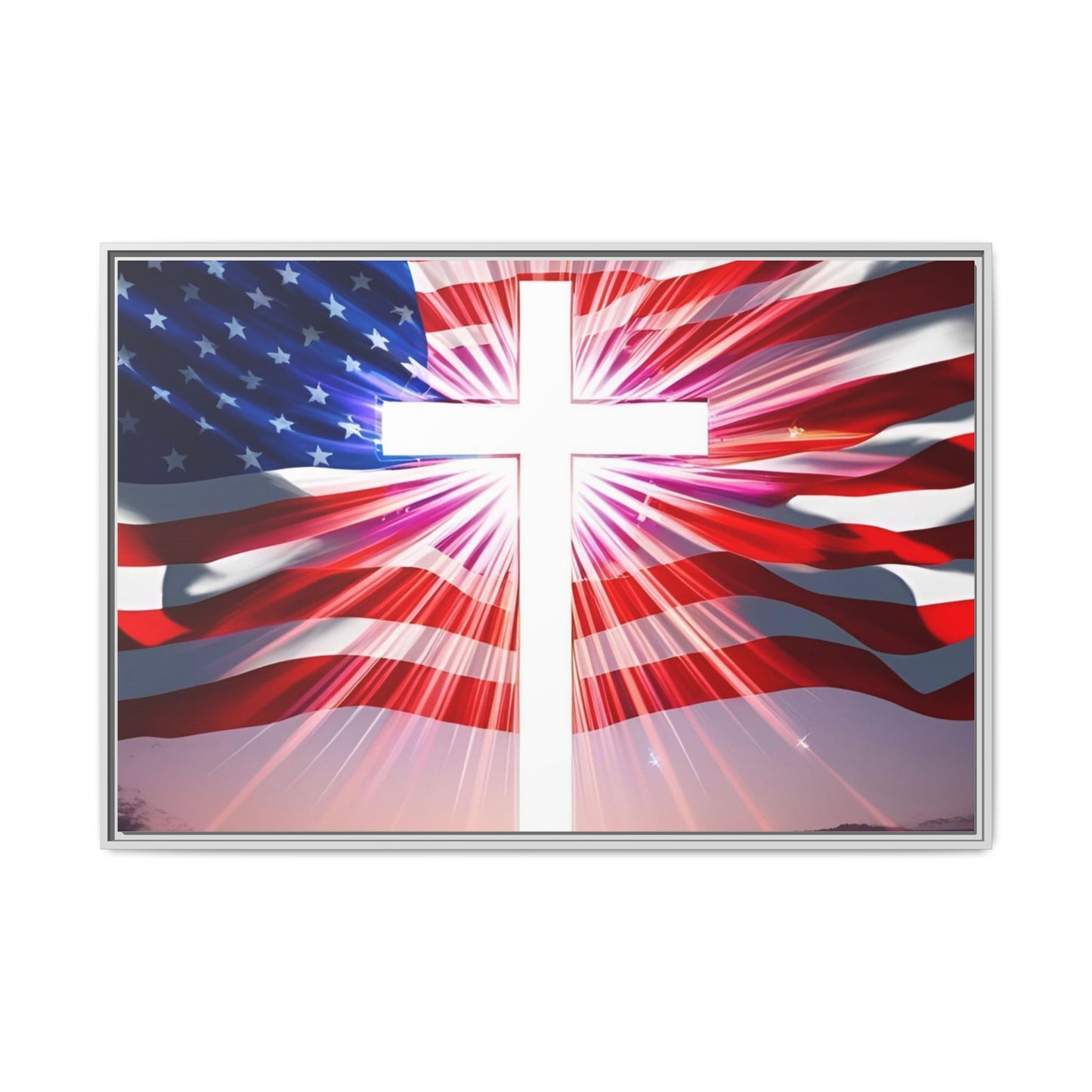 Patriotic Christian Canvas Art - Framed Multi-Color Cross with American Flag