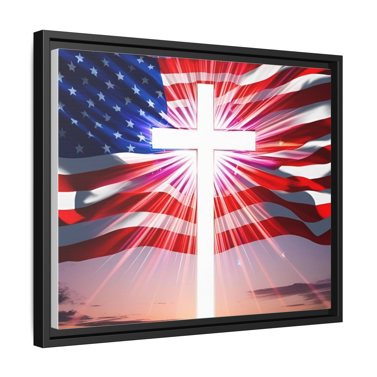 Patriotic Christian Canvas Art - Framed Multi-Color Cross with American Flag