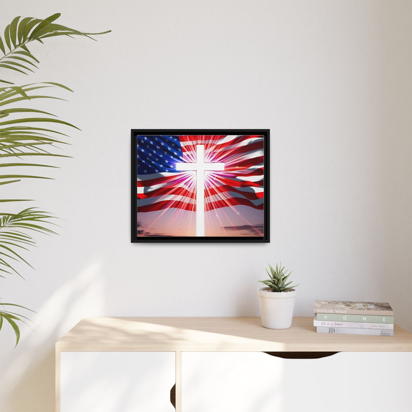 Patriotic Christian Canvas Art - Framed Multi-Color Cross with American Flag
