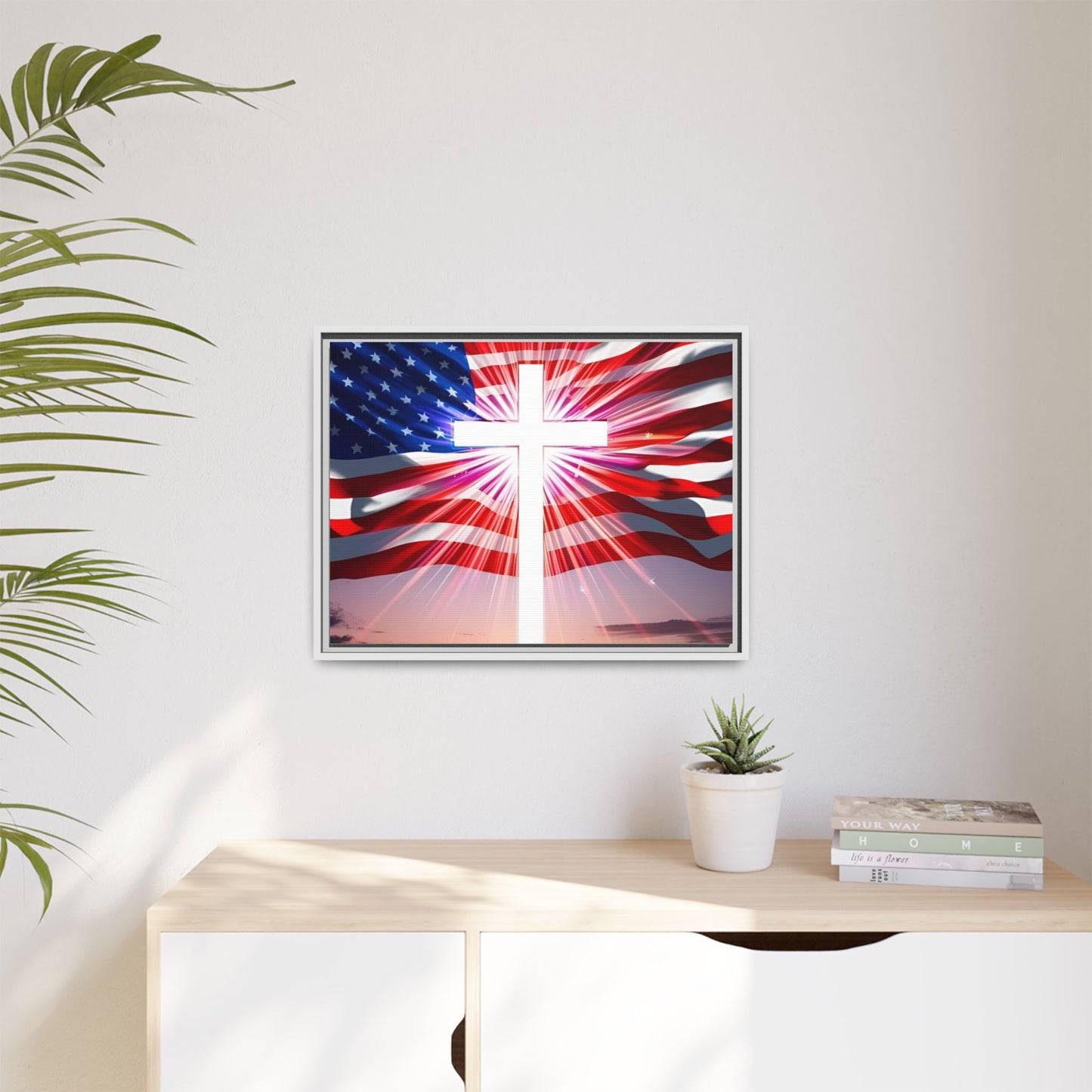 Patriotic Christian Canvas Art - Framed Multi-Color Cross with American Flag
